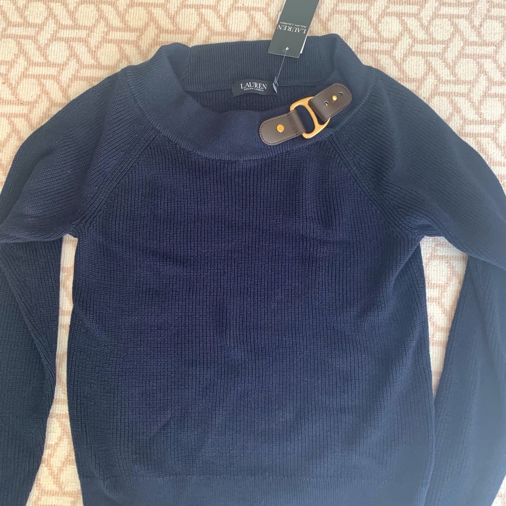 Ralph Lauren Navy Blue Sweater with leather like tab